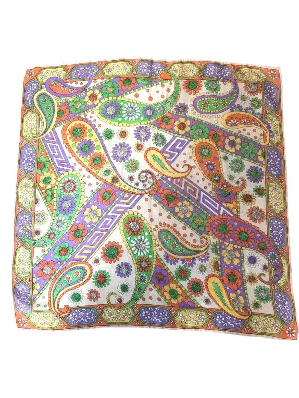 VTG Floral Paisley Print Square Scarf Purple Green Orange‎ Bohemian Style Hippie